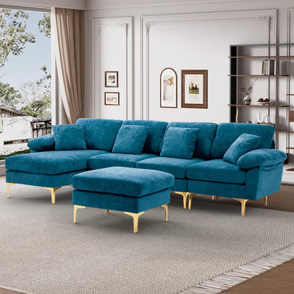 L-Shape Sectional Sofa: 4 - Piece Upholstered Sectional with Ottoman(Blue Velvet)
