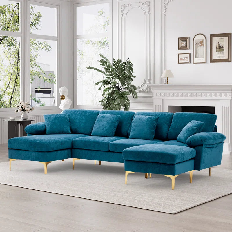 L-Shape Sectional Sofa: 4 - Piece Upholstered Sectional with Ottoman(Blue Velvet)
