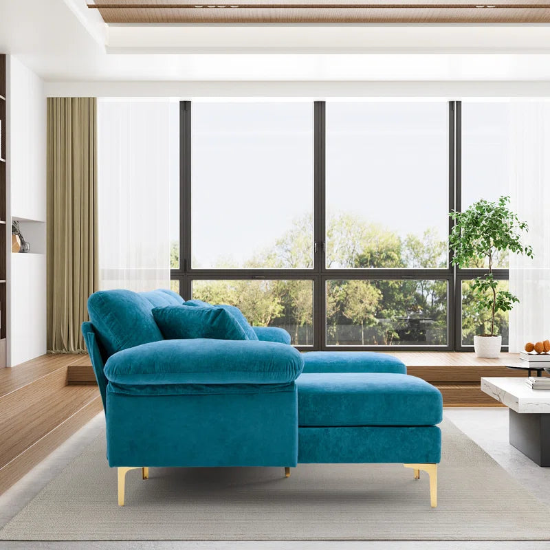 L-Shape Sectional Sofa: 4 - Piece Upholstered Sectional with Ottoman(Blue Velvet)