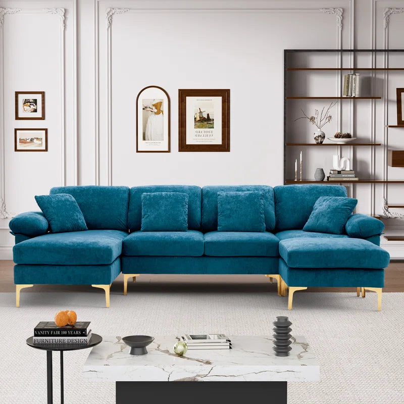 L-Shape Sectional Sofa: 4 - Piece Upholstered Sectional with Ottoman(Blue Velvet)
