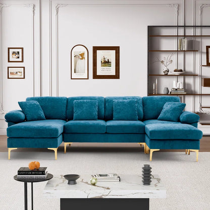 L-Shape Sectional Sofa: 4 - Piece Upholstered Sectional with Ottoman(Blue Velvet)