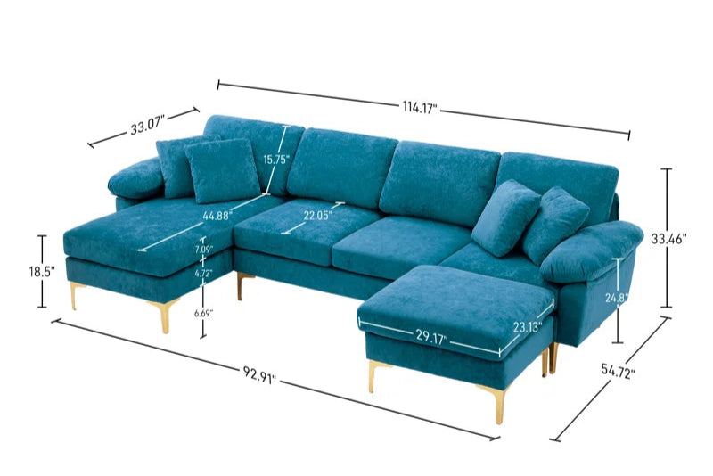 L-Shape Sectional Sofa: 4 - Piece Upholstered Sectional with Ottoman(Blue Velvet)