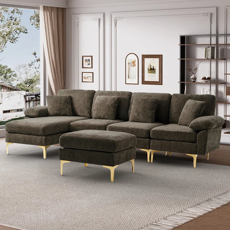 L-Shape Sectional Sofa: 4 - Piece Upholstered Sectional with Ottoman(Brown Chenille)