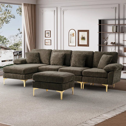 L-Shape Sectional Sofa: 4 - Piece Upholstered Sectional with Ottoman(Brown Chenille)