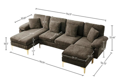 L-Shape Sectional Sofa: 4 - Piece Upholstered Sectional with Ottoman(Brown Chenille)