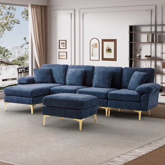 L-Shape Sectional Sofa: 4 - Piece Upholstered Sectional with Ottoman(Dark Blue Chenille)