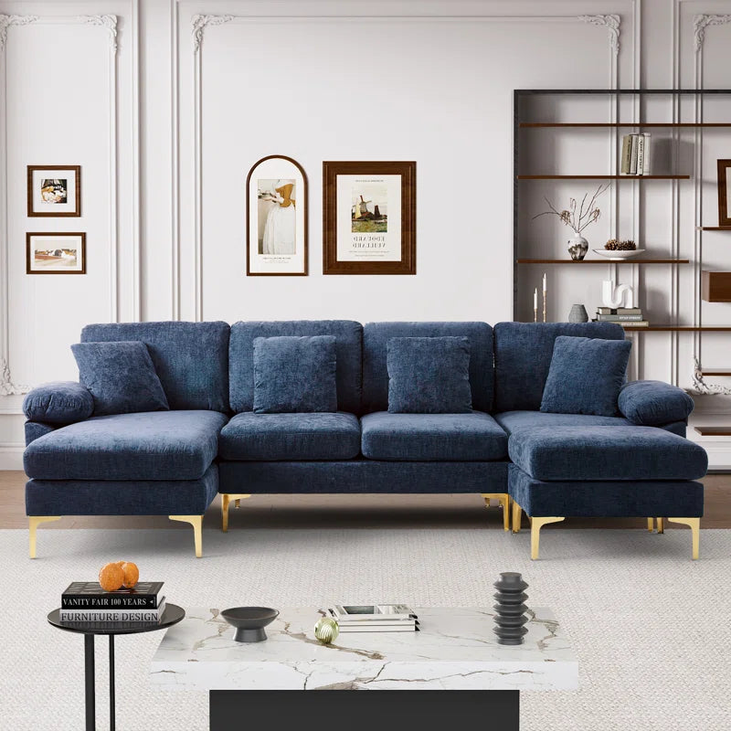L-Shape Sectional Sofa: 4 - Piece Upholstered Sectional with Ottoman(Dark Blue Chenille)