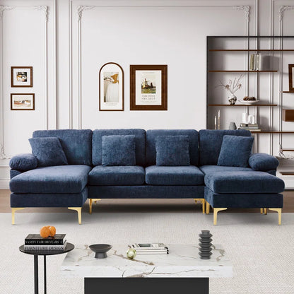 L-Shape Sectional Sofa: 4 - Piece Upholstered Sectional with Ottoman(Dark Blue Chenille)