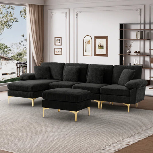 L-Shape Sectional Sofa: 4 - Piece Upholstered Sectional with Ottoman(Ebony Chenille)