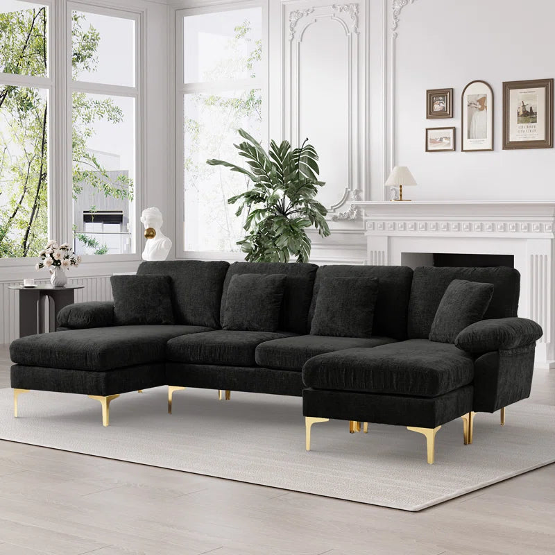 L-Shape Sectional Sofa: 4 - Piece Upholstered Sectional with Ottoman(Ebony Chenille)