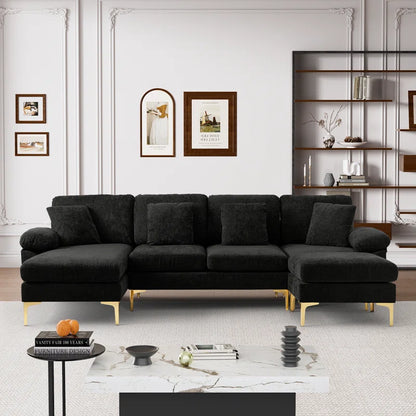L-Shape Sectional Sofa: 4 - Piece Upholstered Sectional with Ottoman(Ebony Chenille)