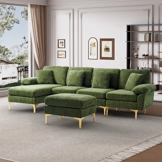 L-Shape Sectional Sofa: 4 - Piece Upholstered Sectional with Ottoman(Grass Green Chenille)