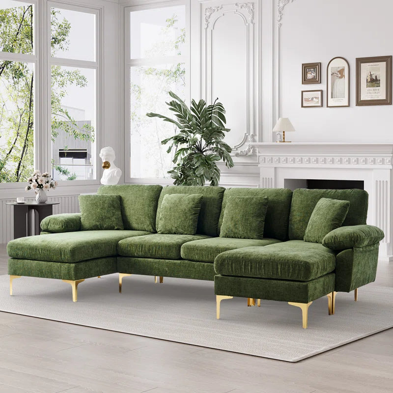 L-Shape Sectional Sofa: 4 - Piece Upholstered Sectional with Ottoman(Grass Green Chenille)