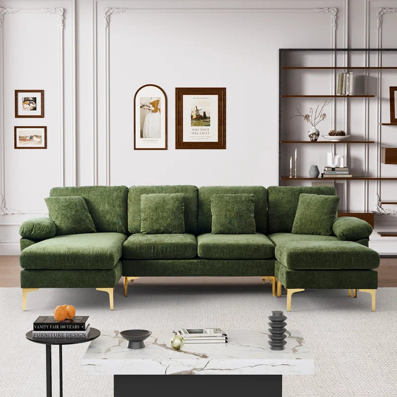L-Shape Sectional Sofa: 4 - Piece Upholstered Sectional with Ottoman(Grass Green Chenille)