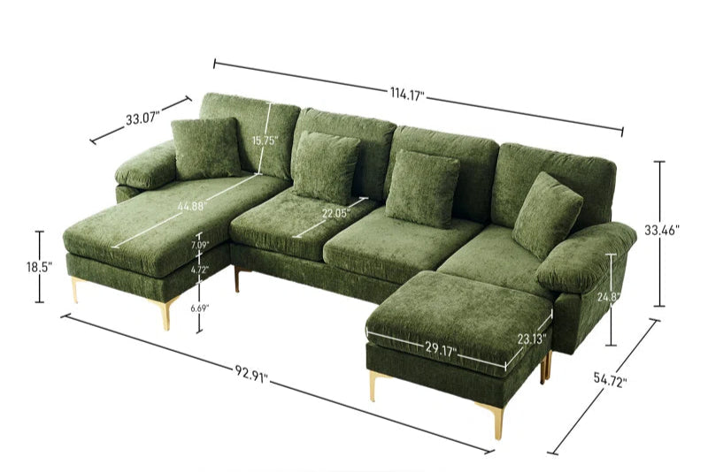 L-Shape Sectional Sofa: 4 - Piece Upholstered Sectional with Ottoman(Grass Green Chenille)