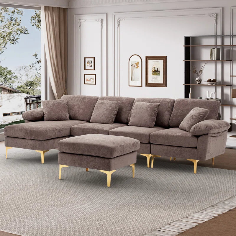 L-Shape Sectional Sofa: 4 - Piece Upholstered Sectional with Ottoman(Gray Velvet)