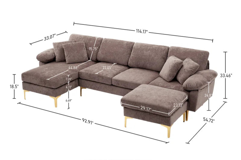 L-Shape Sectional Sofa: 4 - Piece Upholstered Sectional with Ottoman(Gray Velvet)