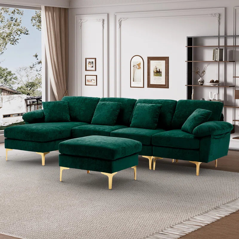 L-Shape Sectional Sofa: 4 - Piece Upholstered Sectional with Ottoman(Green Velvet)