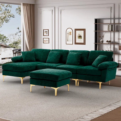 L-Shape Sectional Sofa: 4 - Piece Upholstered Sectional with Ottoman(Green Velvet)