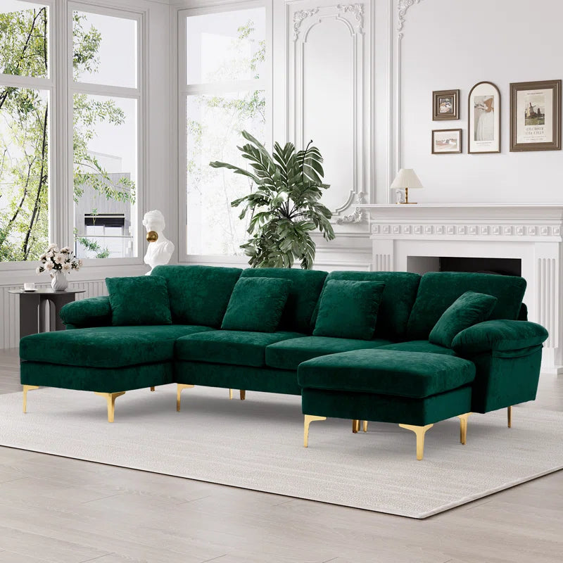 L-Shape Sectional Sofa: 4 - Piece Upholstered Sectional with Ottoman(Green Velvet)
