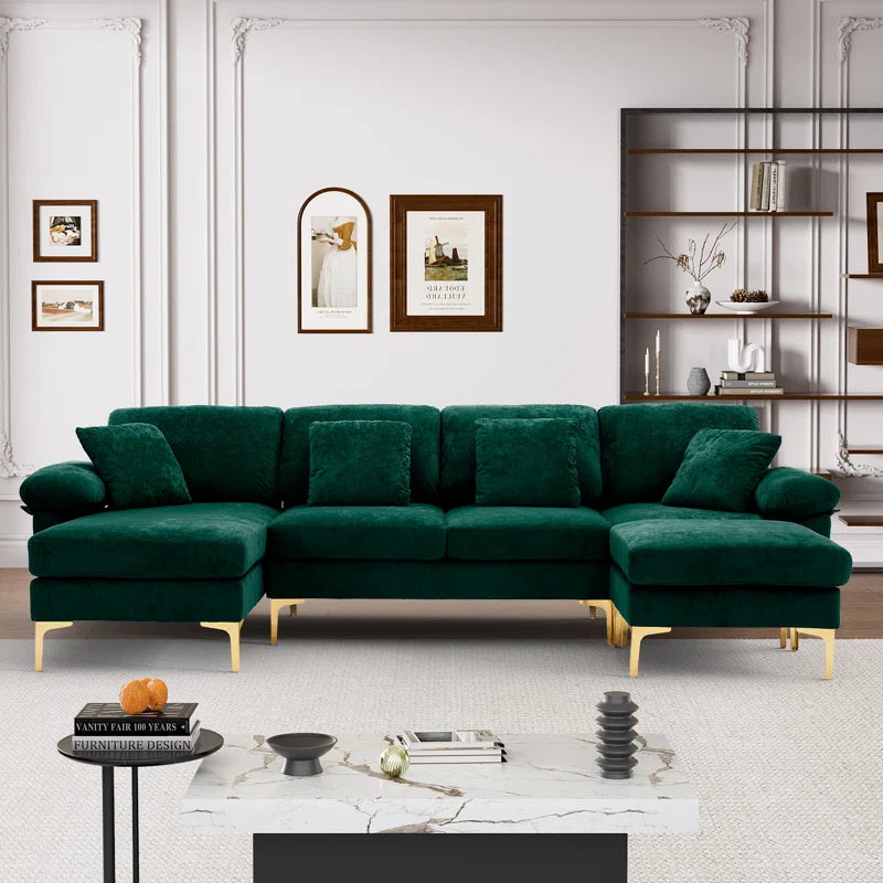 L-Shape Sectional Sofa: 4 - Piece Upholstered Sectional with Ottoman(Green Velvet)