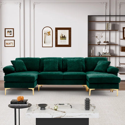 L-Shape Sectional Sofa: 4 - Piece Upholstered Sectional with Ottoman(Green Velvet)