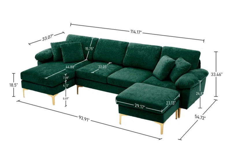 L-Shape Sectional Sofa: 4 - Piece Upholstered Sectional with Ottoman(Green Velvet)