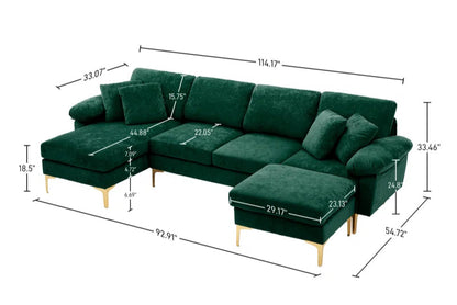 L-Shape Sectional Sofa: 4 - Piece Upholstered Sectional with Ottoman(Green Velvet)