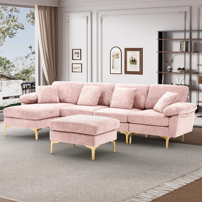 L-Shape Sectional Sofa: 4 - Piece Upholstered Sectional with Ottoman(Light Pink Velvet)