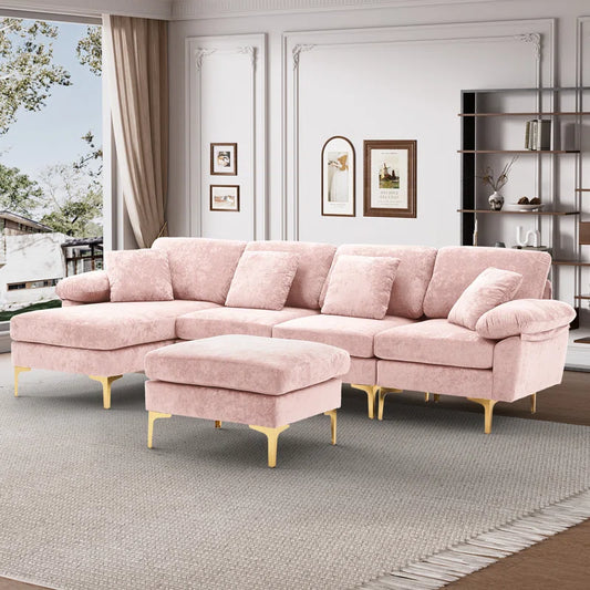 L-Shape Sectional Sofa: 4 - Piece Upholstered Sectional with Ottoman(Light Pink Velvet)