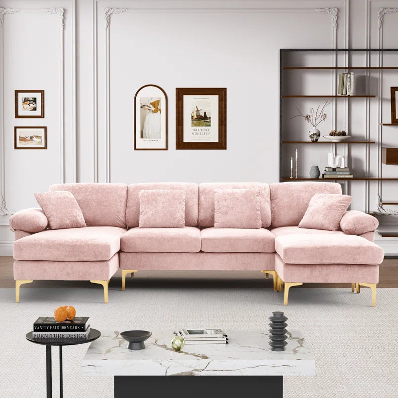 L-Shape Sectional Sofa: 4 - Piece Upholstered Sectional with Ottoman(Light Pink Velvet)