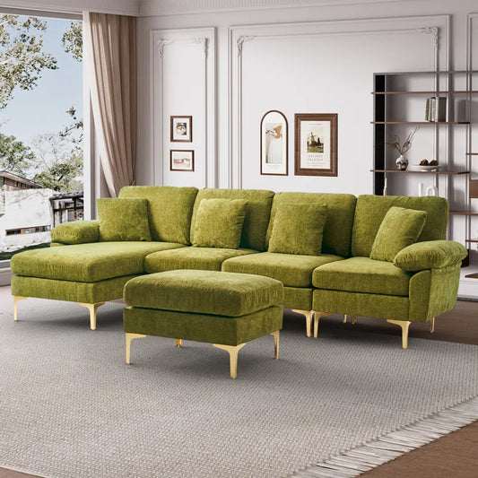 L-Shape Sectional Sofa: 4 - Piece Upholstered Sectional with Ottoman(Olive Green Chenille)