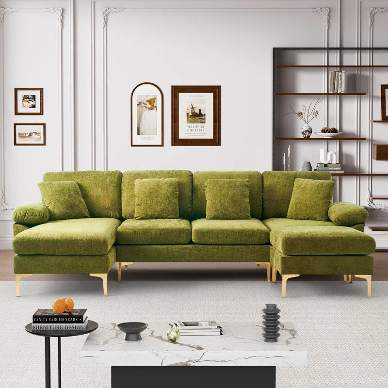L-Shape Sectional Sofa: 4 - Piece Upholstered Sectional with Ottoman(Olive Green Chenille)