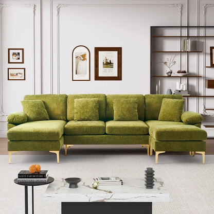 L-Shape Sectional Sofa: 4 - Piece Upholstered Sectional with Ottoman(Olive Green Chenille)