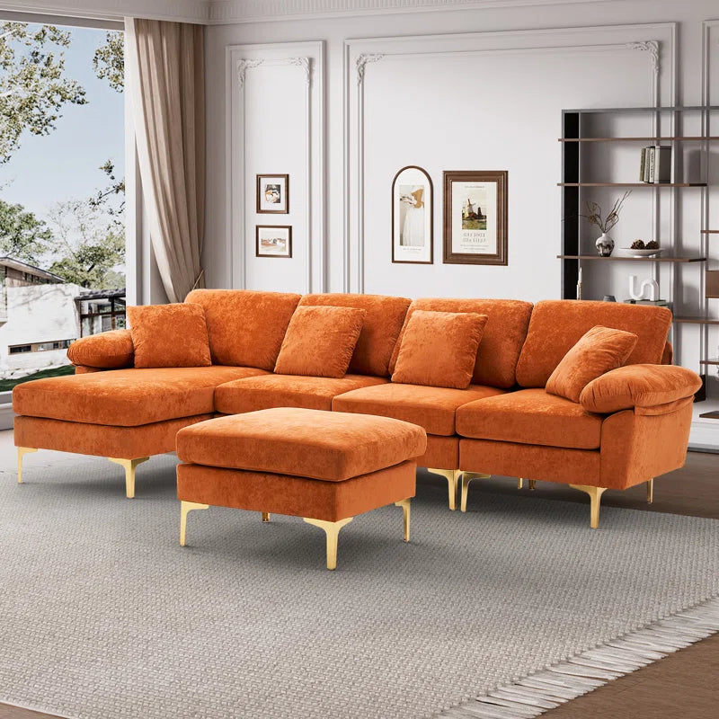 L-Shape Sectional Sofa: 4 - Piece Upholstered Sectional with Ottoman(Orange Velvet)