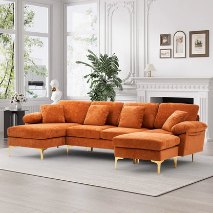 L-Shape Sectional Sofa: 4 - Piece Upholstered Sectional with Ottoman(Orange Velvet)