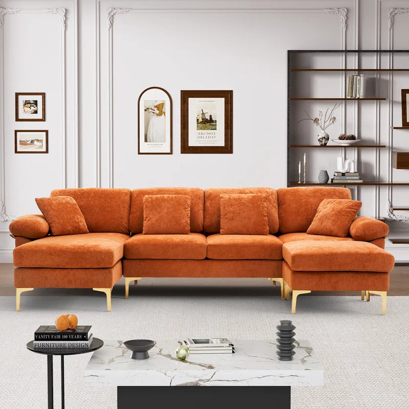 L-Shape Sectional Sofa: 4 - Piece Upholstered Sectional with Ottoman(Orange Velvet)