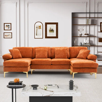 L-Shape Sectional Sofa: 4 - Piece Upholstered Sectional with Ottoman(Orange Velvet)