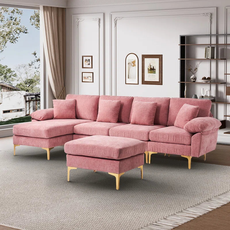 L-Shape Sectional Sofa: 4 - Piece Upholstered Sectional with Ottoman(Pink Chenille)
