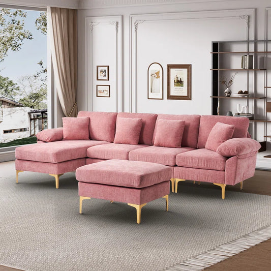 L-Shape Sectional Sofa: 4 - Piece Upholstered Sectional with Ottoman(Pink Chenille)