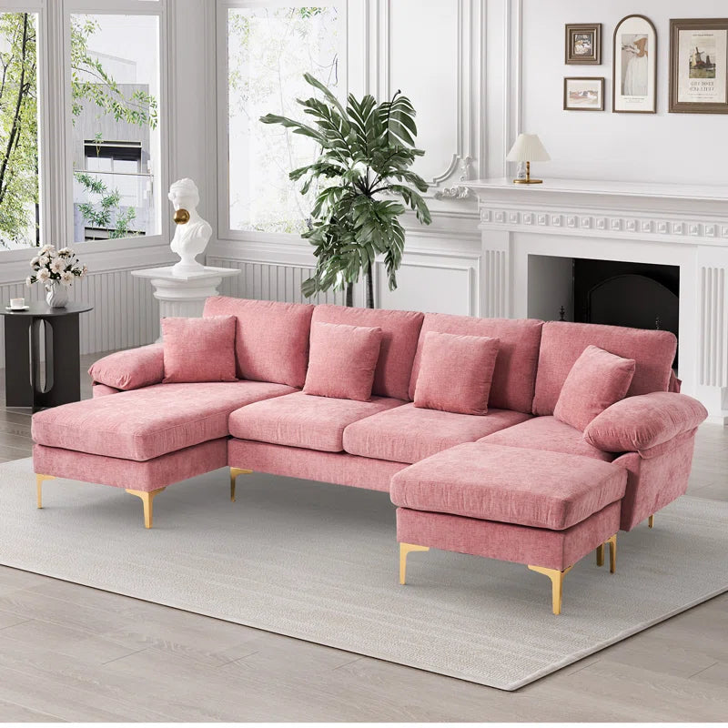 L-Shape Sectional Sofa: 4 - Piece Upholstered Sectional with Ottoman(Pink Chenille)