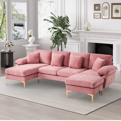 L-Shape Sectional Sofa: 4 - Piece Upholstered Sectional with Ottoman(Pink Chenille)