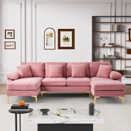 L-Shape Sectional Sofa: 4 - Piece Upholstered Sectional with Ottoman(Pink Chenille)