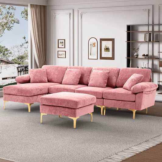 L-Shape Sectional Sofa: 4 - Piece Upholstered Sectional with Ottoman(Pink Velvet)