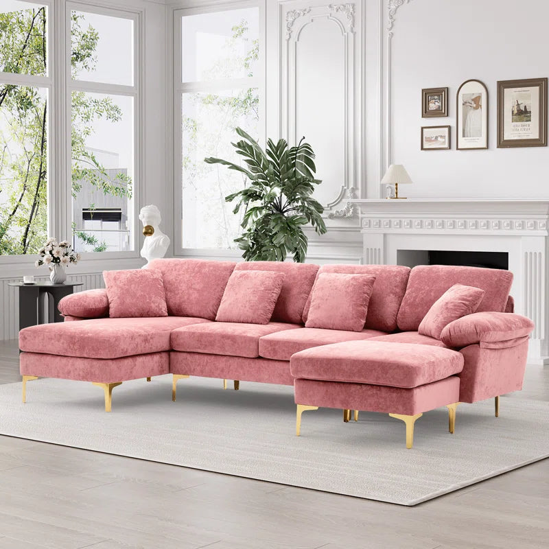 L-Shape Sectional Sofa: 4 - Piece Upholstered Sectional with Ottoman(Pink Velvet)