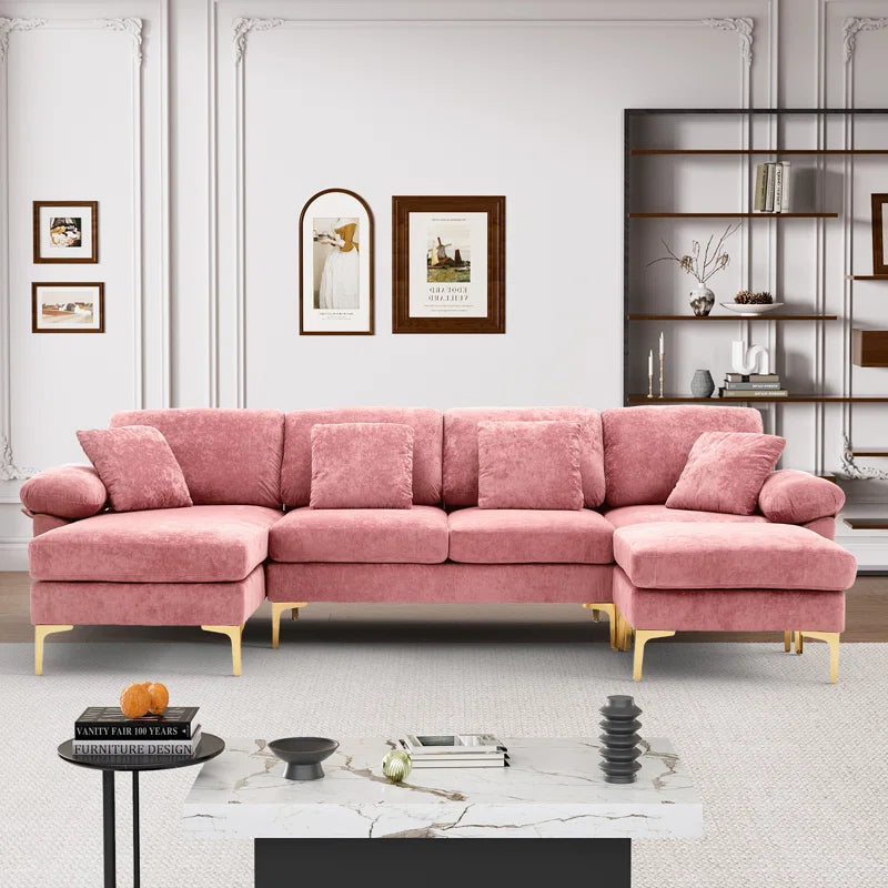 L-Shape Sectional Sofa: 4 - Piece Upholstered Sectional with Ottoman(Pink Velvet)