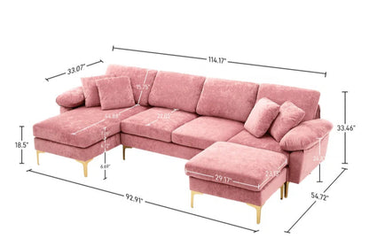 L-Shape Sectional Sofa: 4 - Piece Upholstered Sectional with Ottoman(Pink Velvet)