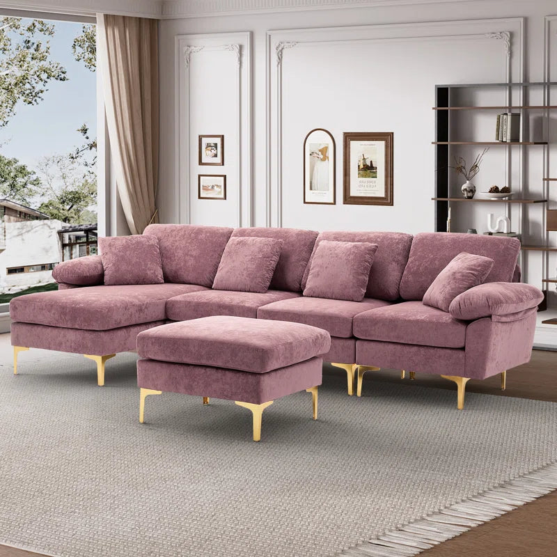 L-Shape Sectional Sofa: 4 - Piece Upholstered Sectional with Ottoman(Purple Velvet)