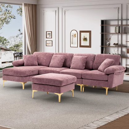 L-Shape Sectional Sofa: 4 - Piece Upholstered Sectional with Ottoman(Purple Velvet)