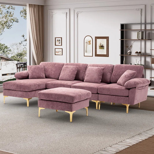 L-Shape Sectional Sofa: 4 - Piece Upholstered Sectional with Ottoman(Purple Velvet)